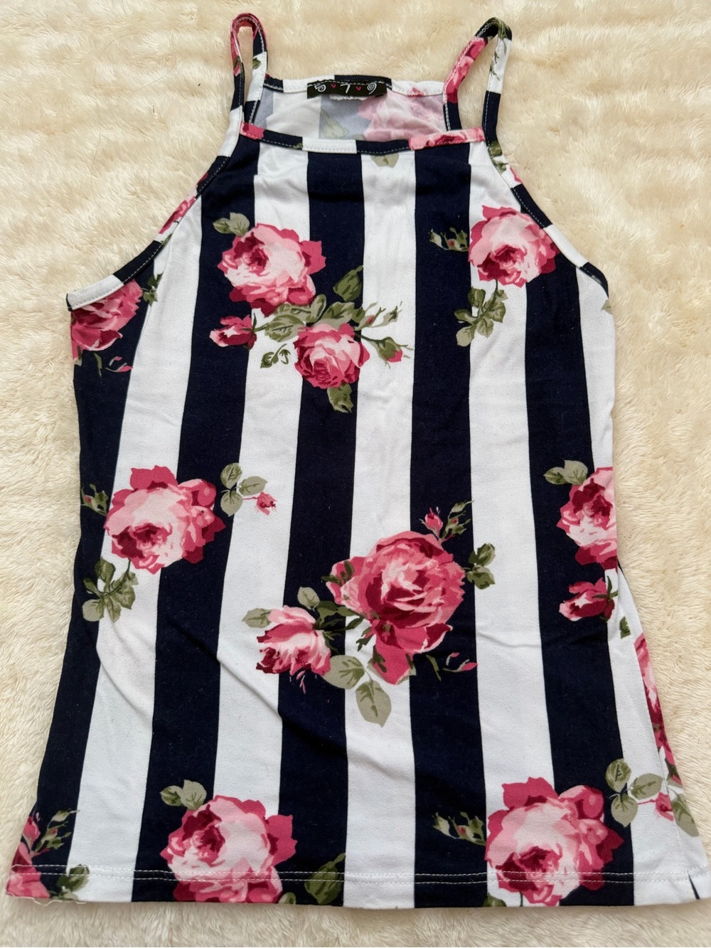 Striped Navy & White Floral Tank Top with Pink Roses